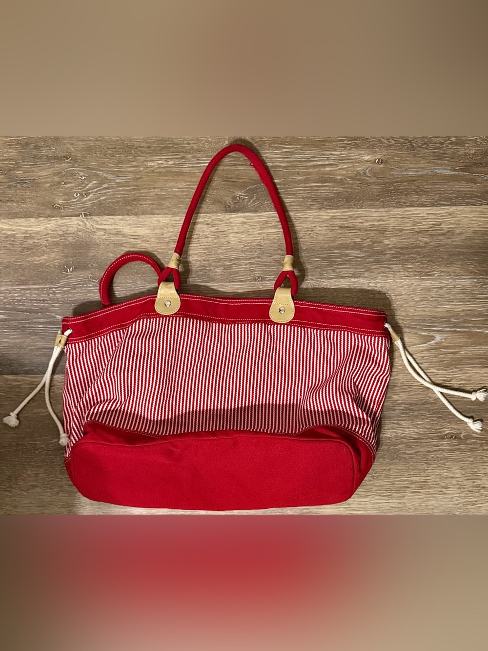 Large Red White Striped Nautical Canvas Tote Bag Anchor Charm Beach Bag - Picture 10 of 10